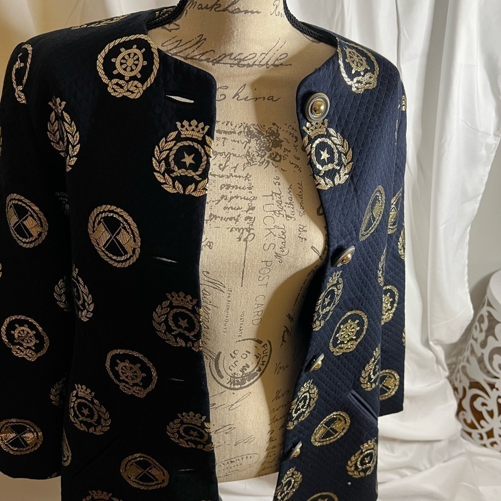 #Vintage Albert Nipon Navy & Gold Print Jacket - Picture 4 of 6